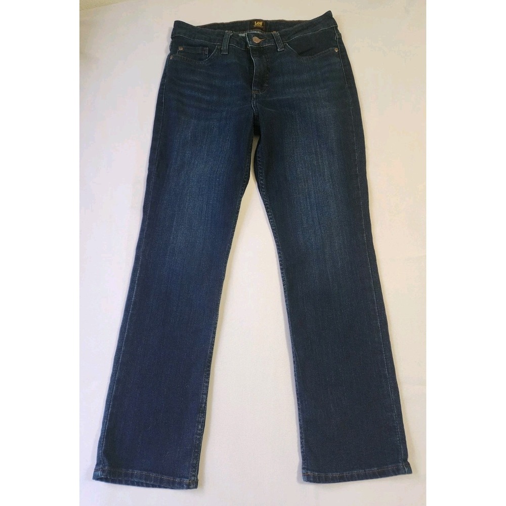 Lee Women's Size 8 Short Dark Wash Straight Leg Stretch Jeans 30x27 Mid Rise